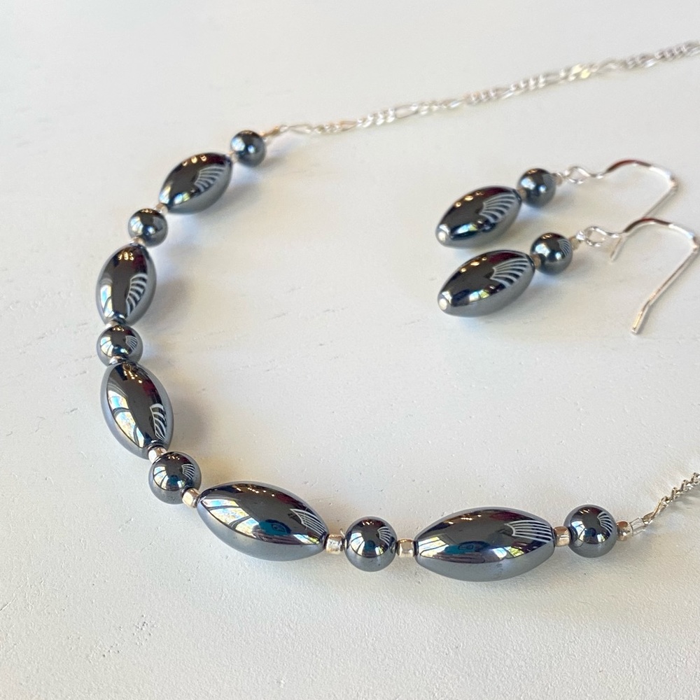 Handcrafted Hematite and Sterling Silver Necklace and Earring Set
